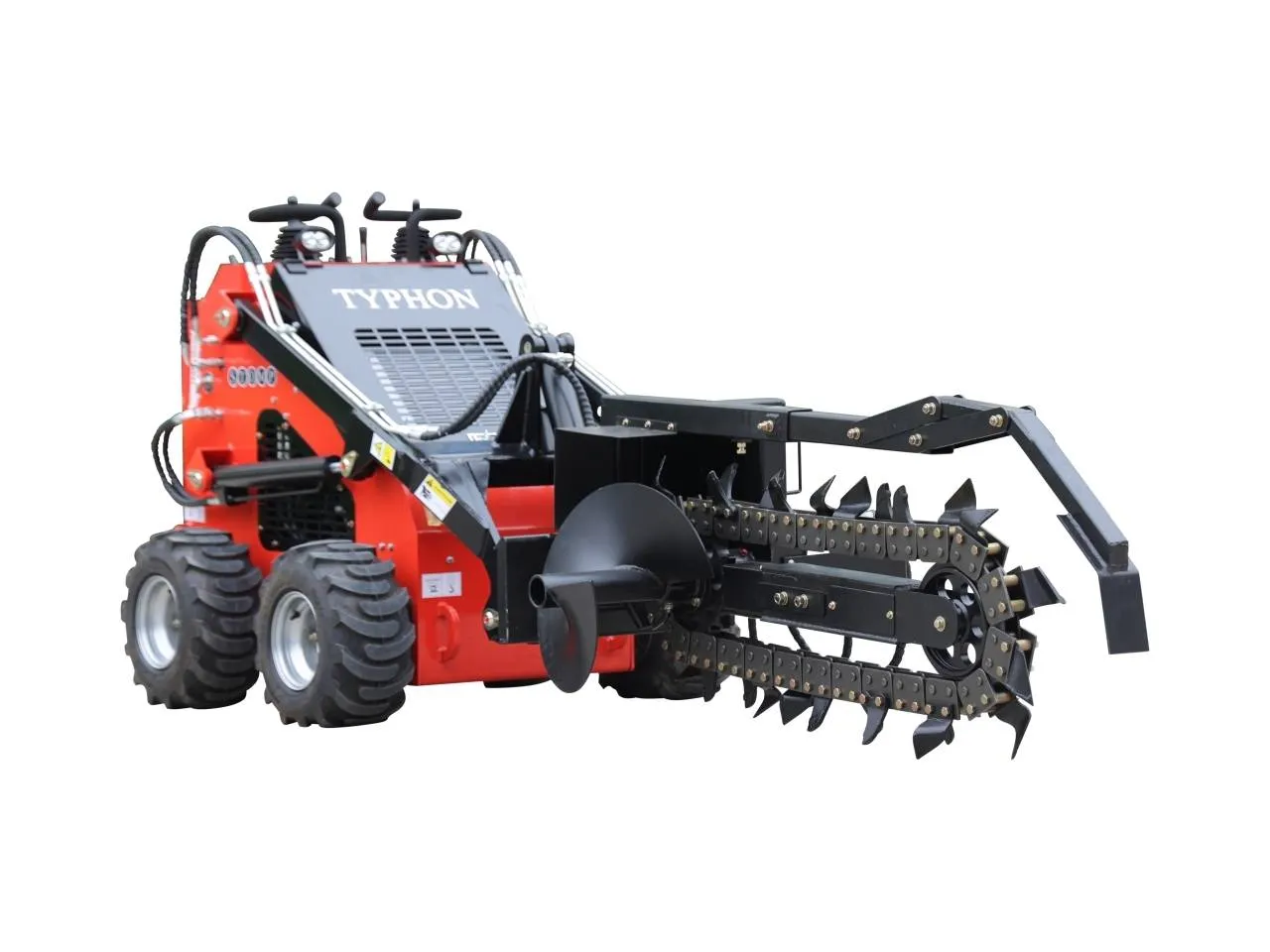 Mini skid steer trencher digging a clean trench for utility lines